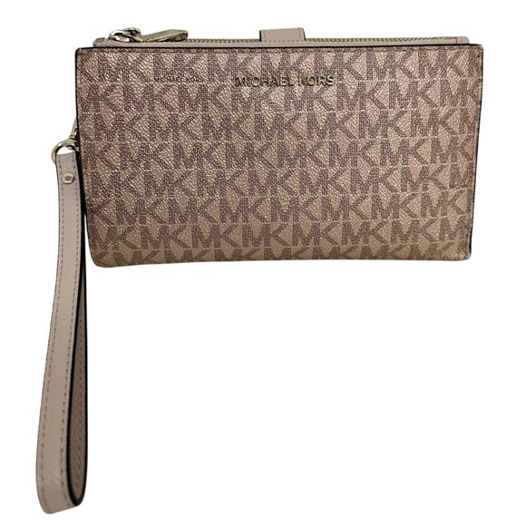 Michael Kors Jet Set Travel Double Zip Wristlet Pink Gold Bi Fold Wallet MK Logo - Picture 1 of 9